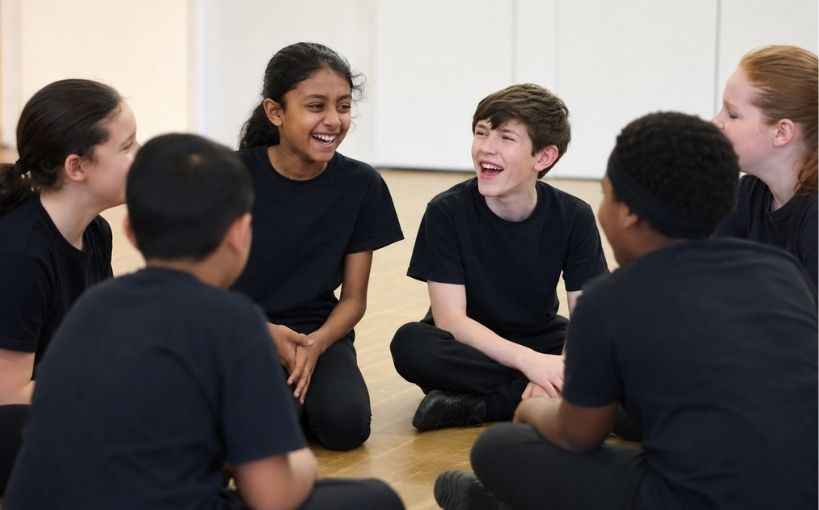 Students sit in a circle, laughing and sharing ideas during a performing arts class.