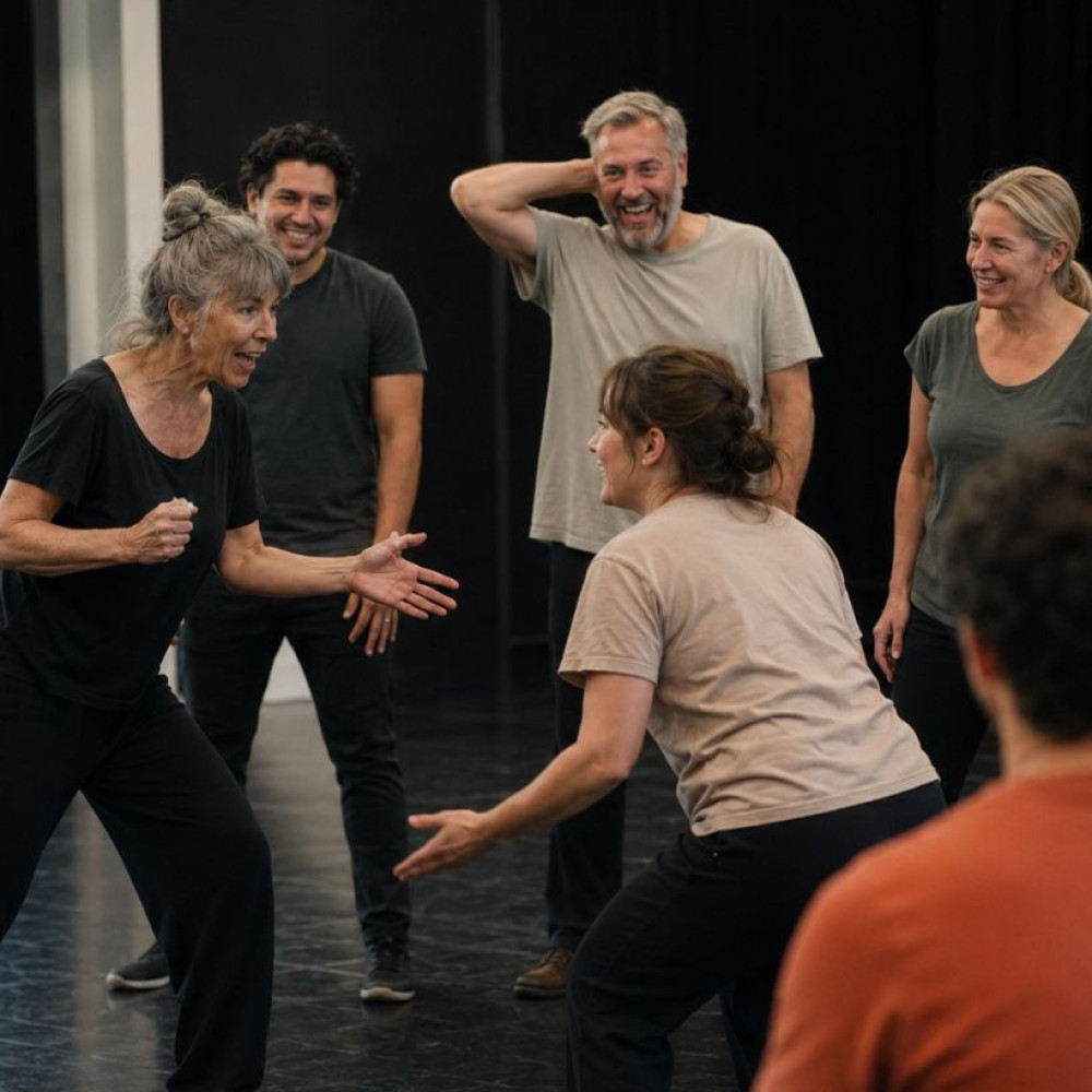 Adults taking part in an energetic drama and acting exercise during a performing arts class